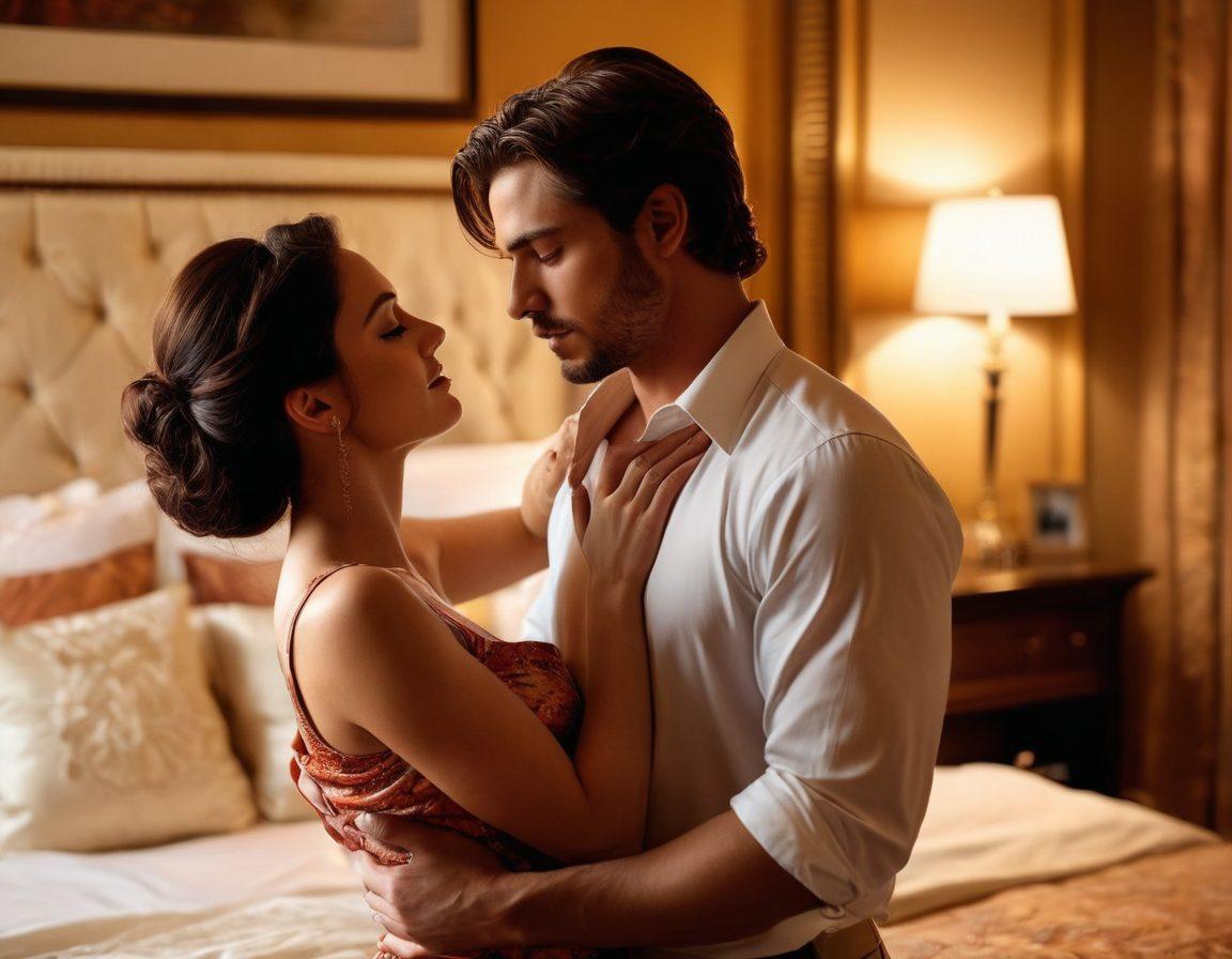 A powerful woman exuding confidence and grace, standing assertively in a sophisticated bedroom setting. Captivating gaze directed at a fawning partner, who looks both intrigued and captivated. Incorporate elements of sensuality, such as soft lighting and luxurious fabrics, to enhance the theme of female dominance. Include subtle symbols of desire, like intertwined hands and passionate expressions. super-realistic. vibrant colors. soft focus.