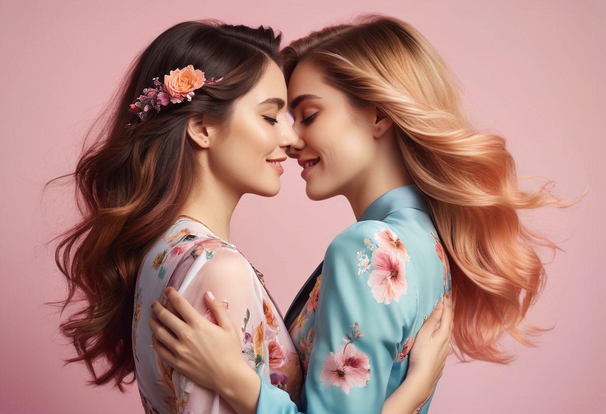 A powerful depiction of two women intertwined in an intimate embrace, showcasing the balance of femininity and strength. One woman has flowing, vibrant hair, dressed in a floral, flowing dress, while the other exudes confidence in a tailored suit, both smiling softly at each other. The background is a soft pastel gradient, symbolizing love and warmth, with subtle elements like flowers and abstract shapes indicating harmony and passion. Ethereal lighting enhances their expressions, creating a dreamlike atmosphere. super-realistic. vibrant colors. soft background.